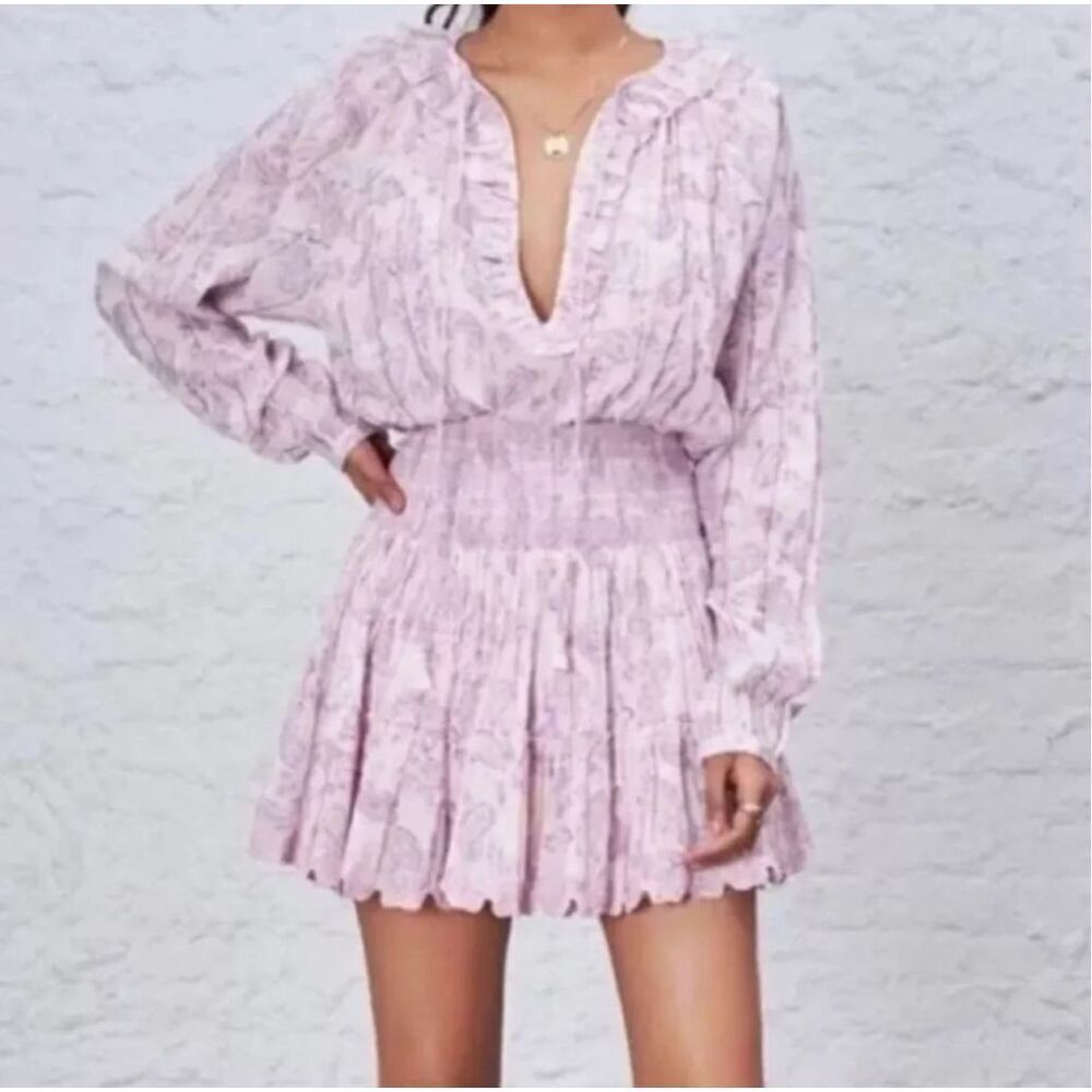 House of Harlow 1960 Revolve Ajay Pink Paisley Ruffled Smocked Mini Dress Size L